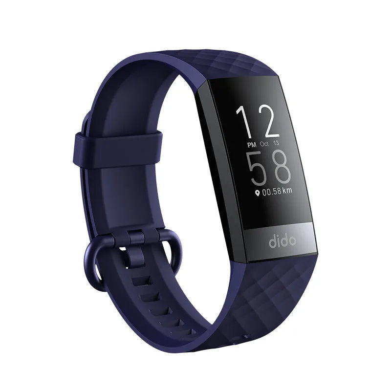 Black smart health bracelet with screen showing blood pressure and ECG readings on wrist.