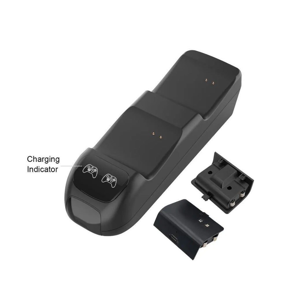 Black Xbox Series X dual controller charging dock with LED lights and two rechargeable battery packs