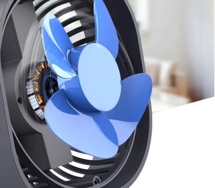 USB desk fan with alarm clock in modern simple style, showing 360-degree rotation feature.