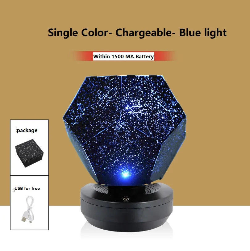 LED starry sky projector night lamp showing constellation projection on a bedroom ceiling.