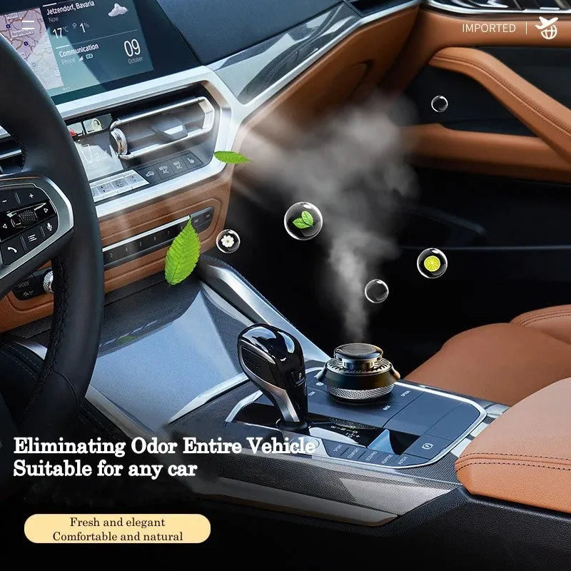 Solar kinetic car air freshener with rotating double rings on vehicle dashboard