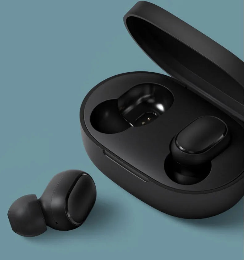 Redmi AirDots 2 black true wireless Bluetooth earbuds and charging case.
