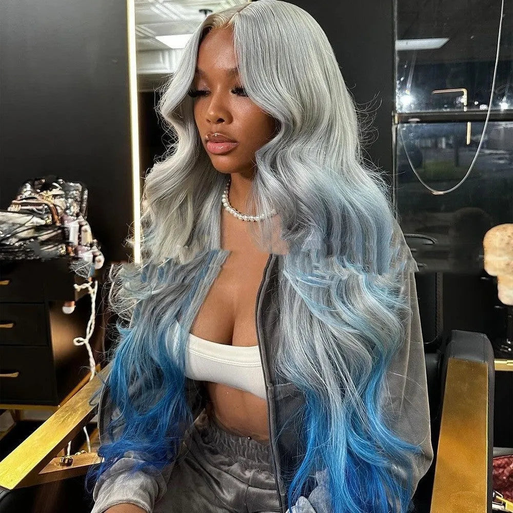 Grey blue gradient human hair lace front wig with long ombre waves