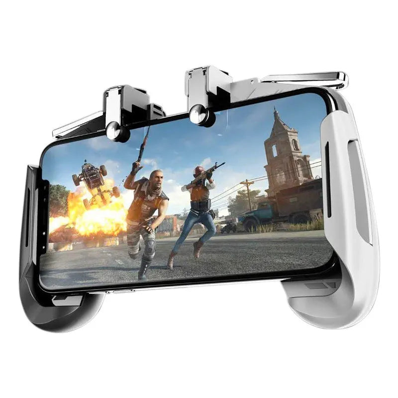 Adjustable Bluetooth mobile game controller handle holding a smartphone