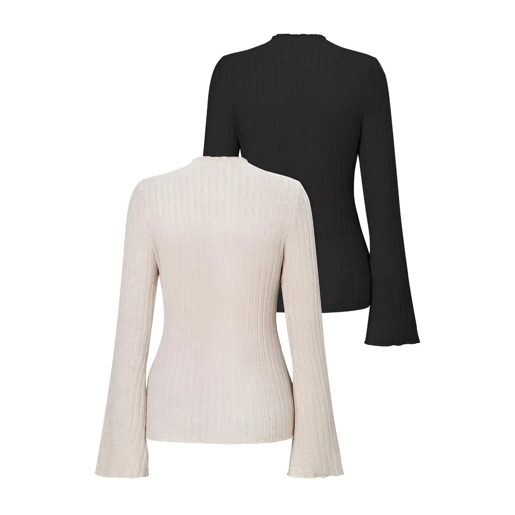 Long sleeve round neck top with lantern sleeves and sunken stripe detail in slim black casual styling