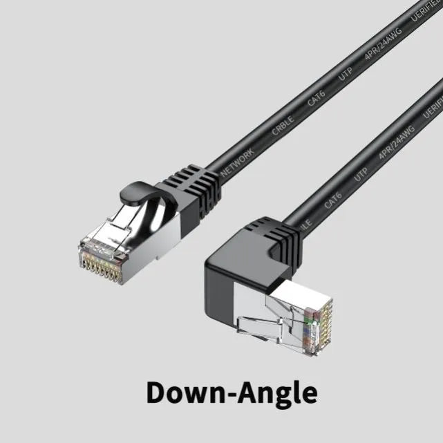 Cat6 Ethernet cable with right-angle RJ45 connector in multiple colour options including black, white, and red