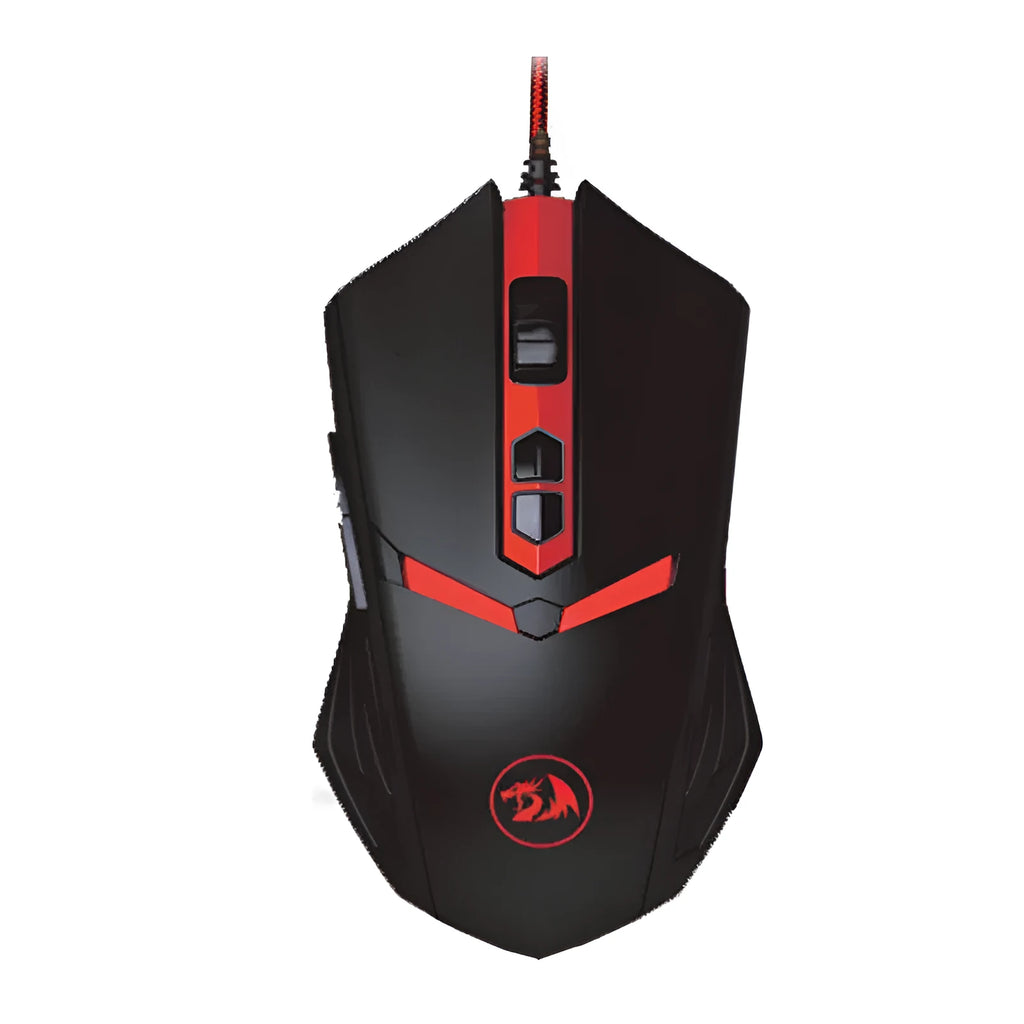 Black and red USB wired optical gaming mouse with six keys on an ergonomic shape.