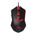 Black and red USB wired optical gaming mouse with six keys on an ergonomic shape.