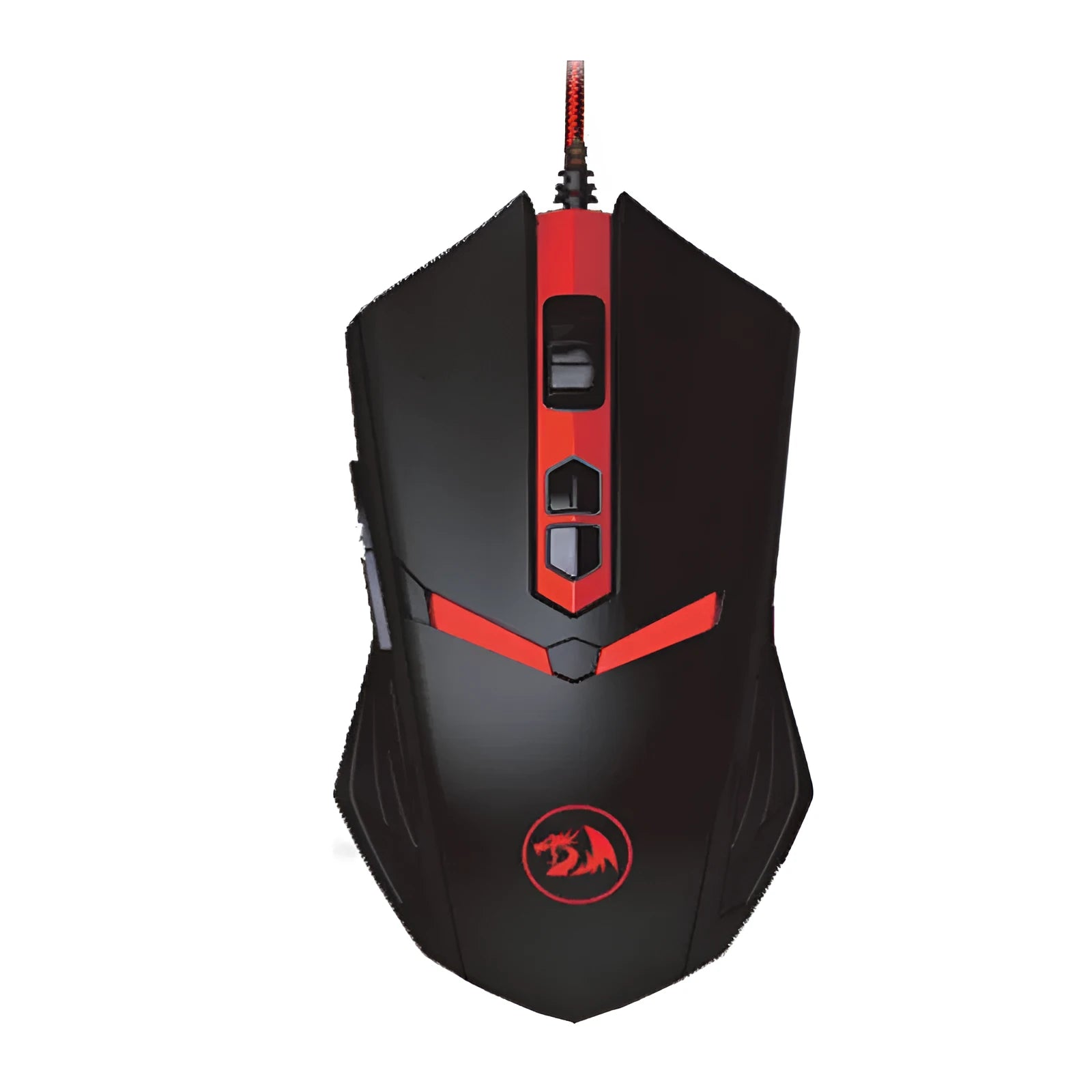 Black and red USB wired optical gaming mouse with six keys on an ergonomic shape.