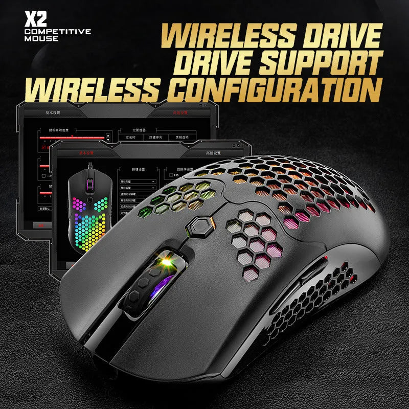 Wireless gaming mouse with RGB lighting in black, green, pink, white, and yellow colour options showing dual-mode connectivity