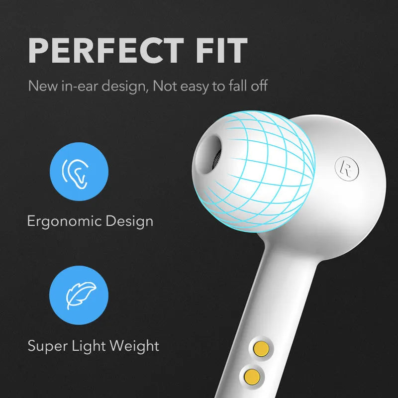 Black and white True Wireless Stereo Bluetooth 5.0 earbuds with IPX5 waterproof rating.
