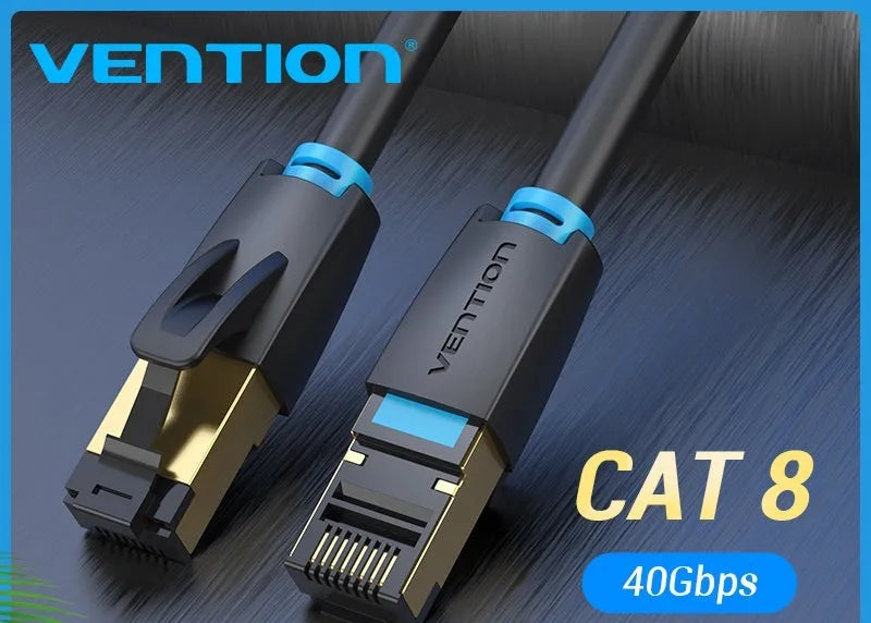 CAT8 shielded network cable with RJ45 connectors in flat and round styles for 10G high-speed indoor networking