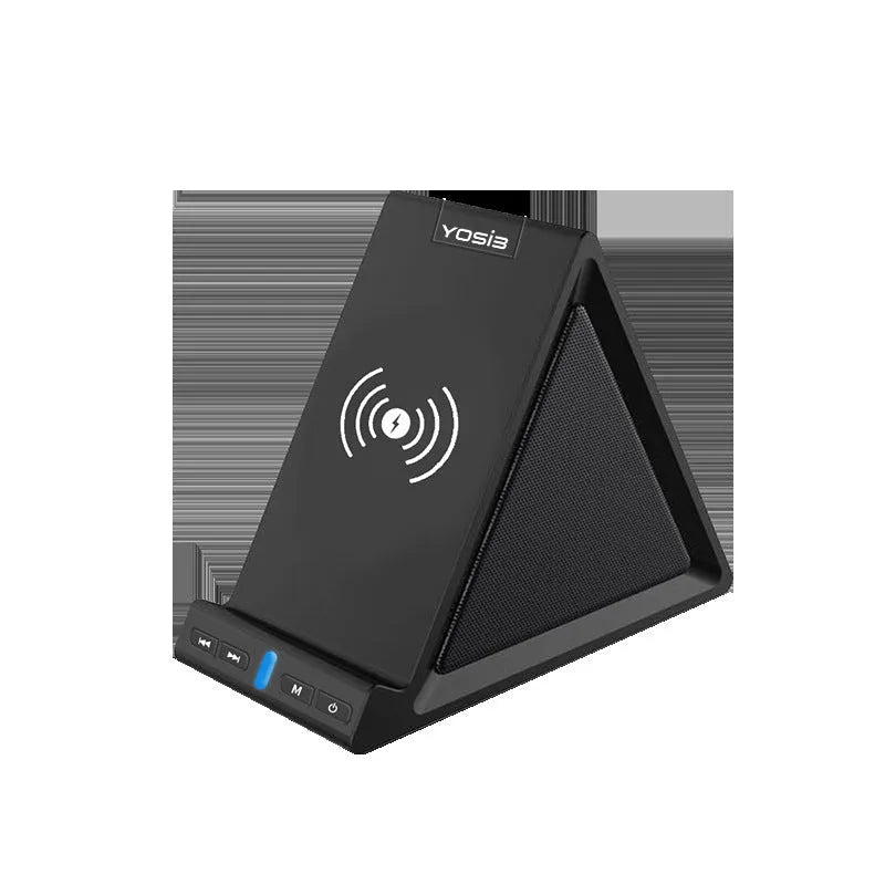 Black multifunctional Bluetooth speaker with integrated phone stand and wireless charging pad showing 165mm length
