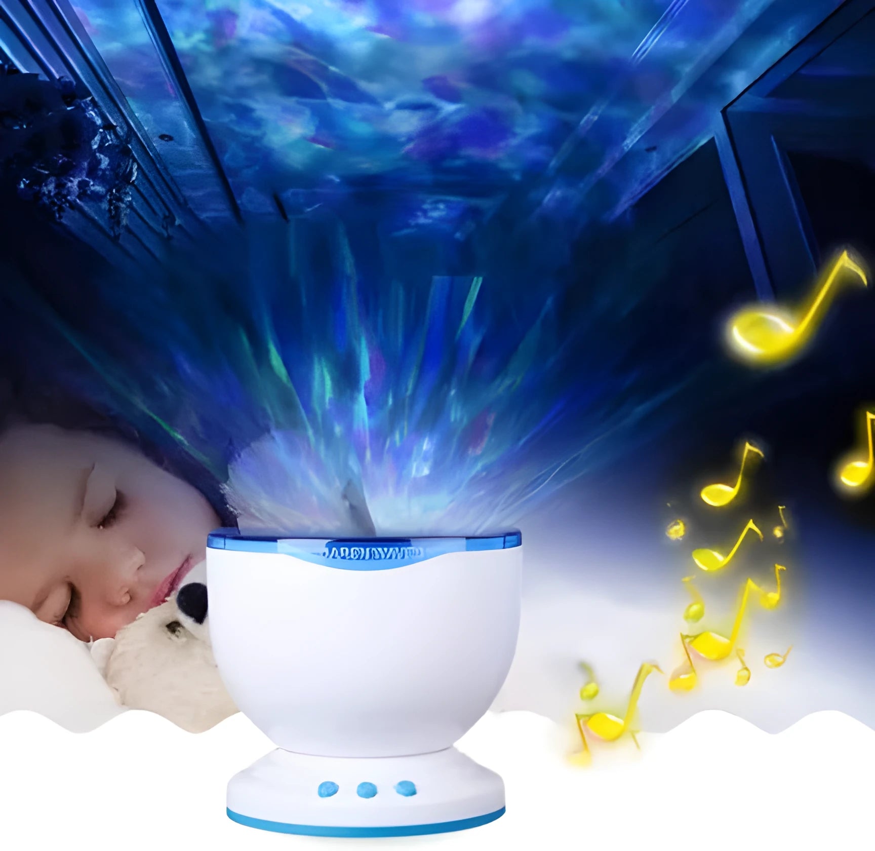 Blue LED ocean lamp projection light projecting water effects on a wall with DLP correction