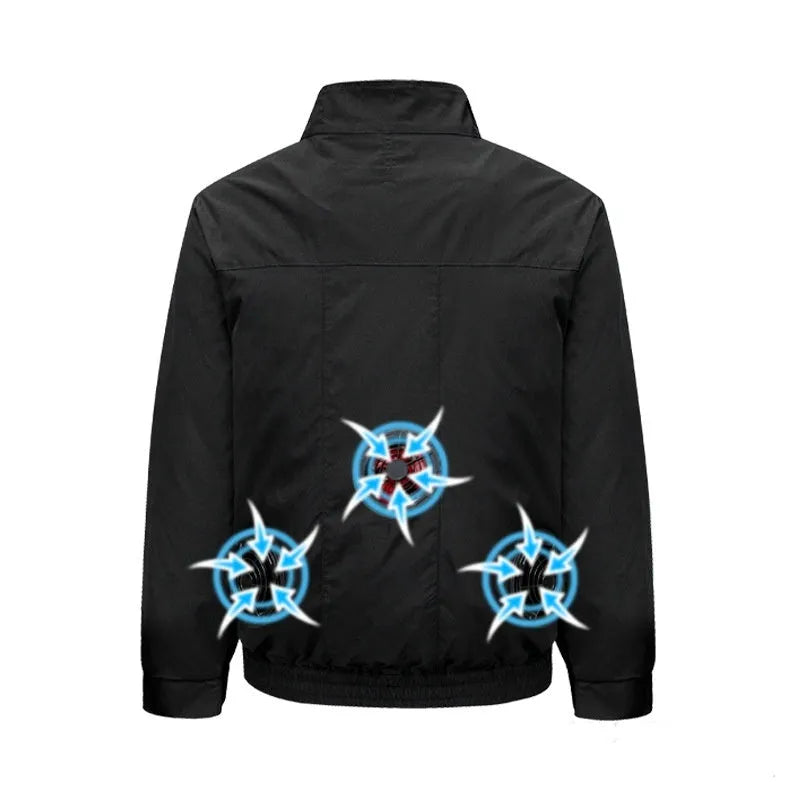 Men's black summer cooling work jacket with integrated fan and multiple ventilation holes on front.