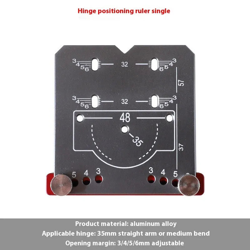 Red aluminium alloy hinge locating rule for installing 35mm cabinet door hinges with adjustable margin settings.