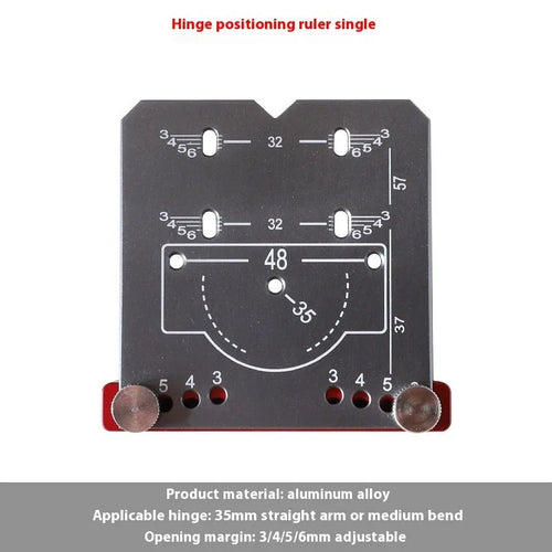 Red aluminium alloy hinge locating rule for installing 35mm cabinet door hinges with adjustable margin settings.