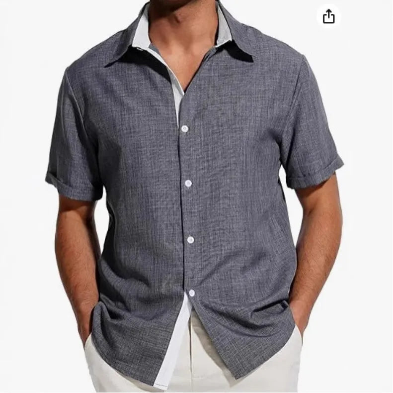 Men's grey short-sleeved shirt with floral print pattern, cardigan style.