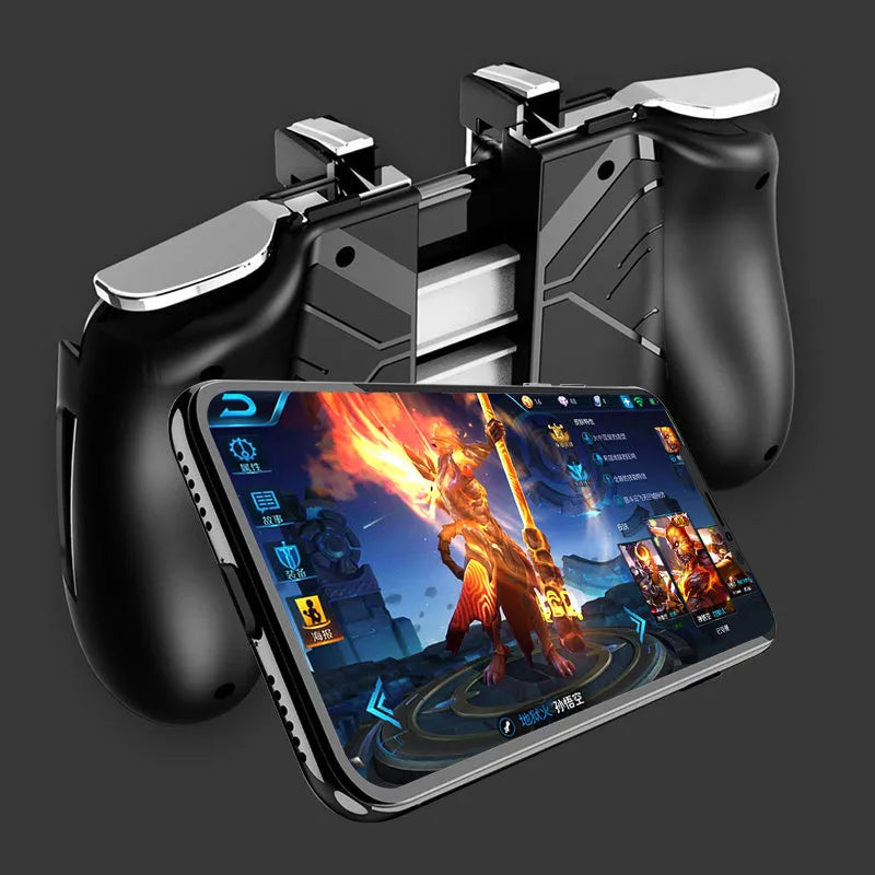 Adjustable Bluetooth mobile game controller handle holding a smartphone