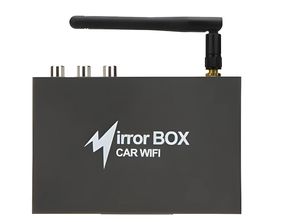 Black car mirror link box Wi-Fi converter with power cable, AV cable, antenna and manual