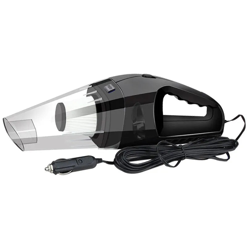Orange, black, and blue handheld 12V car vacuum cleaner with nozzles and long power cord.