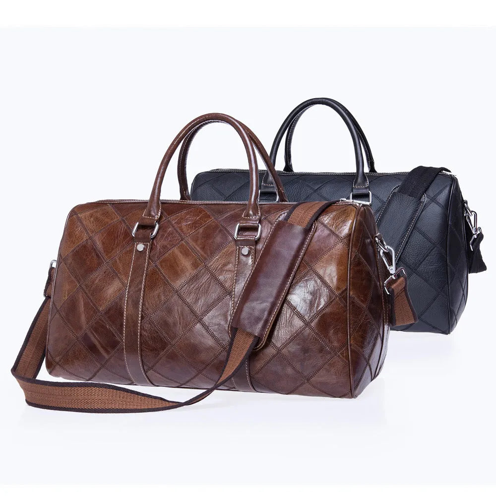 Men's vintage cowhide leather duffel bag with single strap, shown with internal phone and ID pockets.