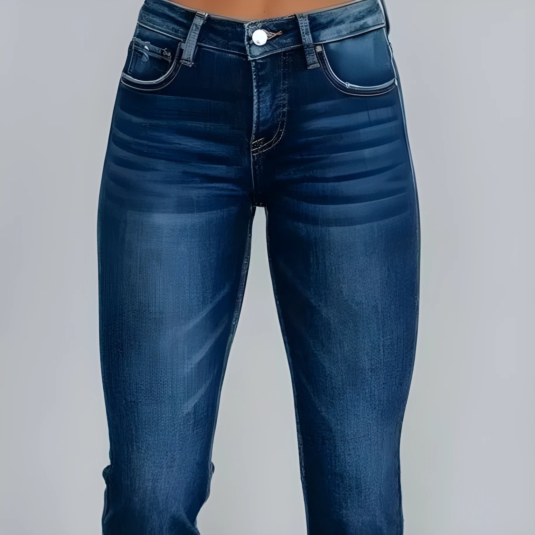 Women's solid colour denim jeans on a hanger showing hand-worn texture and available in dark blue and light blue