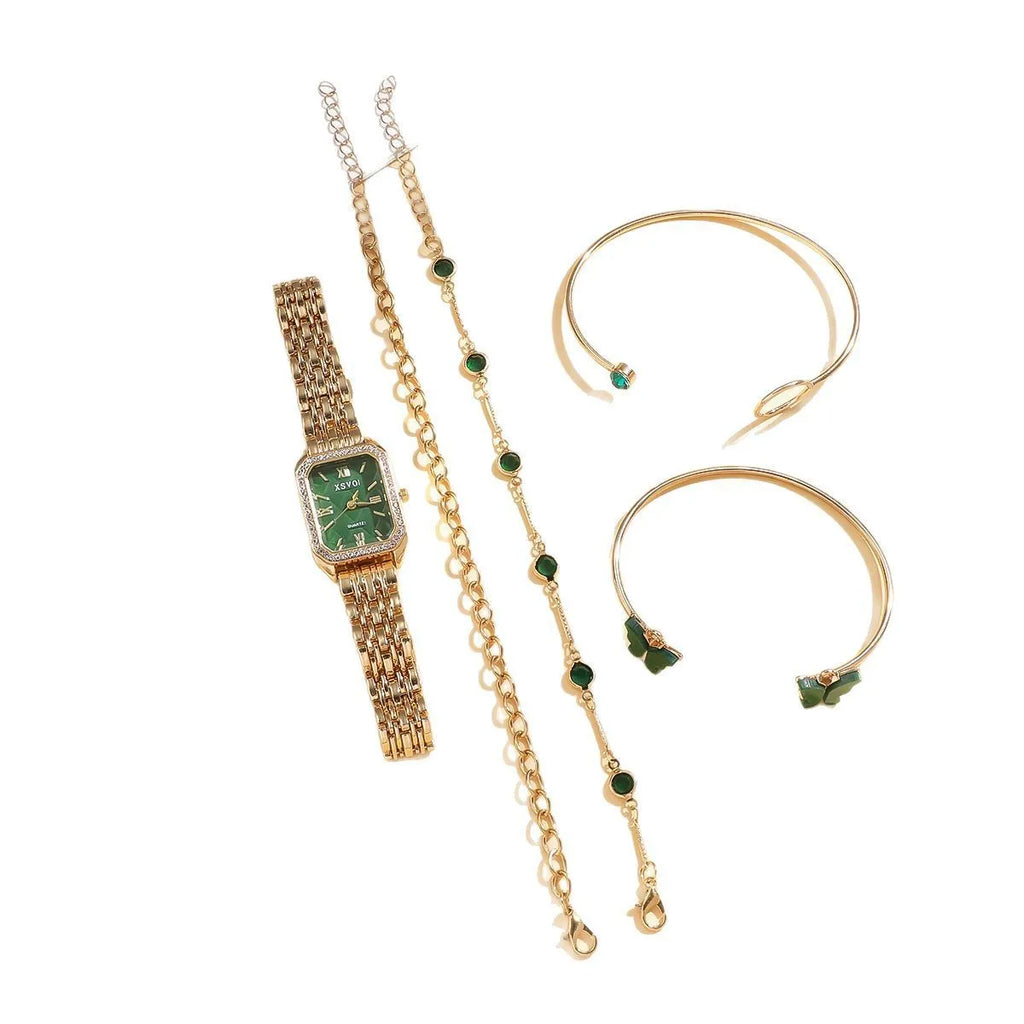 Gold green square ladies watch with four matching bracelets in five-piece jewellery set