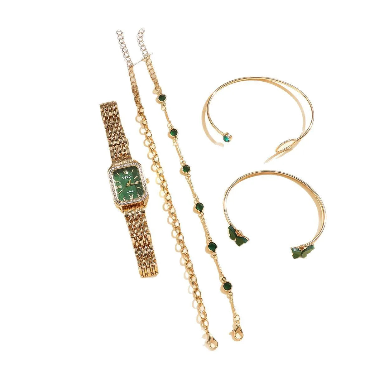 Gold green square ladies watch with four matching bracelets in five-piece jewellery set