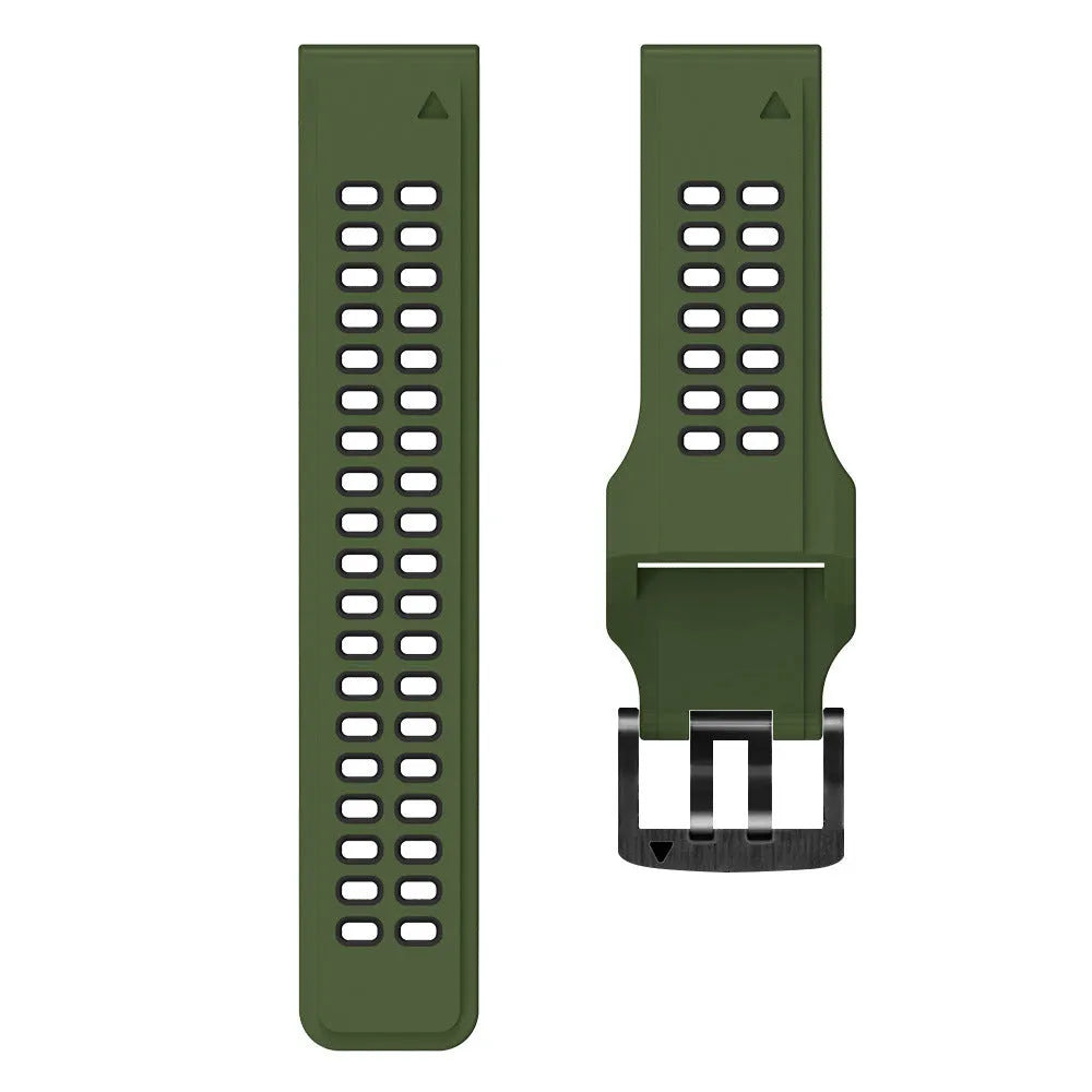 Close-up of a two-tone black and orange silicone watch strap with quick-release pins and a pin buckle.