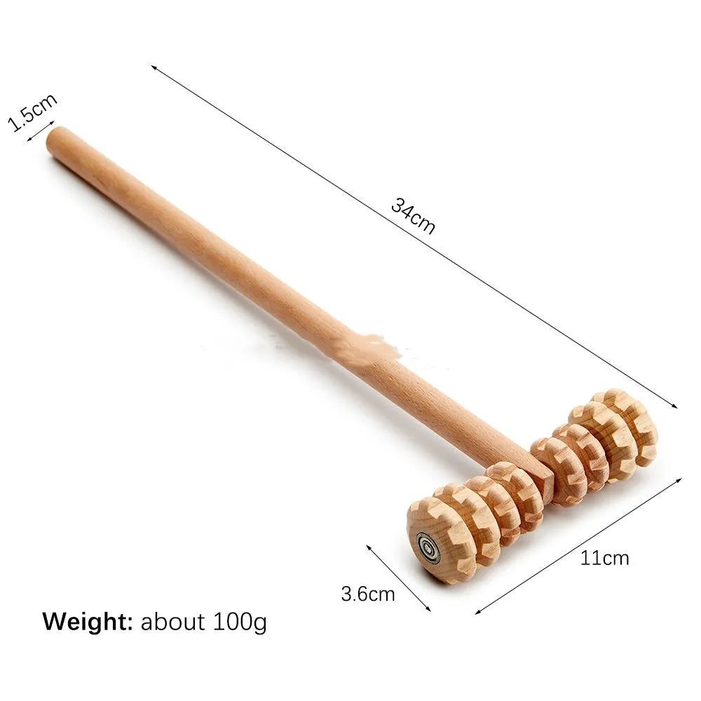 Natural beech wood massage roller set with multiple wheel configurations including straight and curved designs