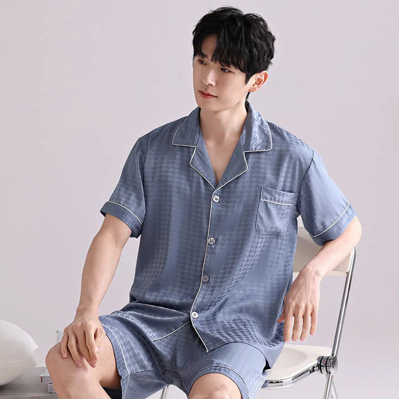 Men's ice silk summer pyjama set with cardigan top and shorts in satin jacquard pattern