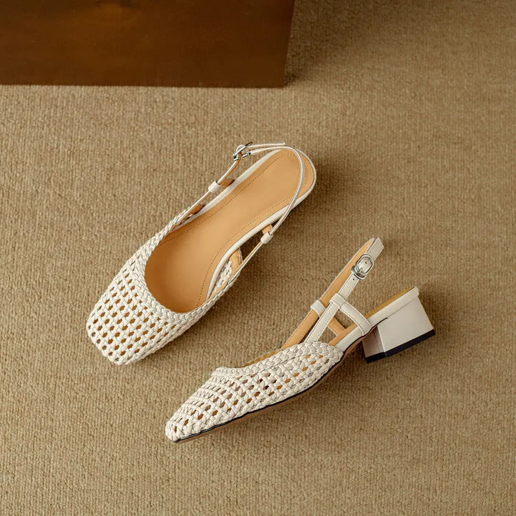 Women's woven hollow-out closed toe sandals with chunky heel and buckle closure in black