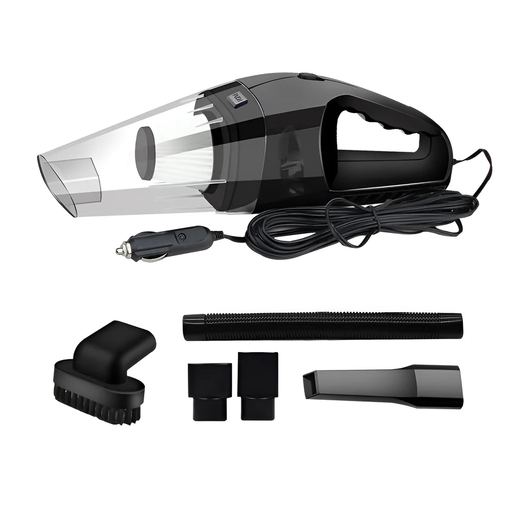 Orange, black, and blue handheld 12V car vacuum cleaner with nozzles and long power cord.