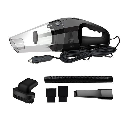 Orange, black, and blue handheld 12V car vacuum cleaner with nozzles and long power cord.
