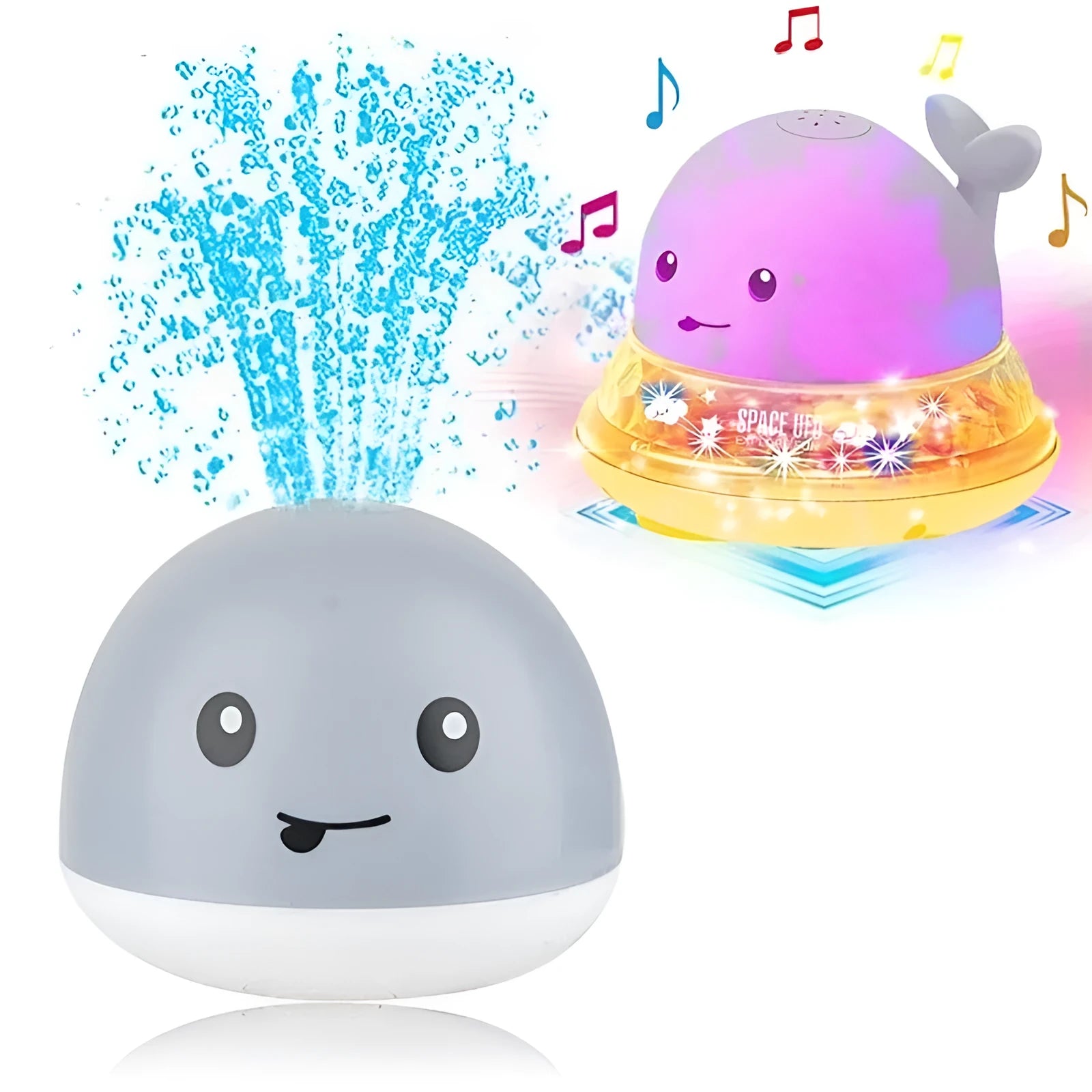 White and blue whale-shaped electric bath toy with water spray fountain and LED lights