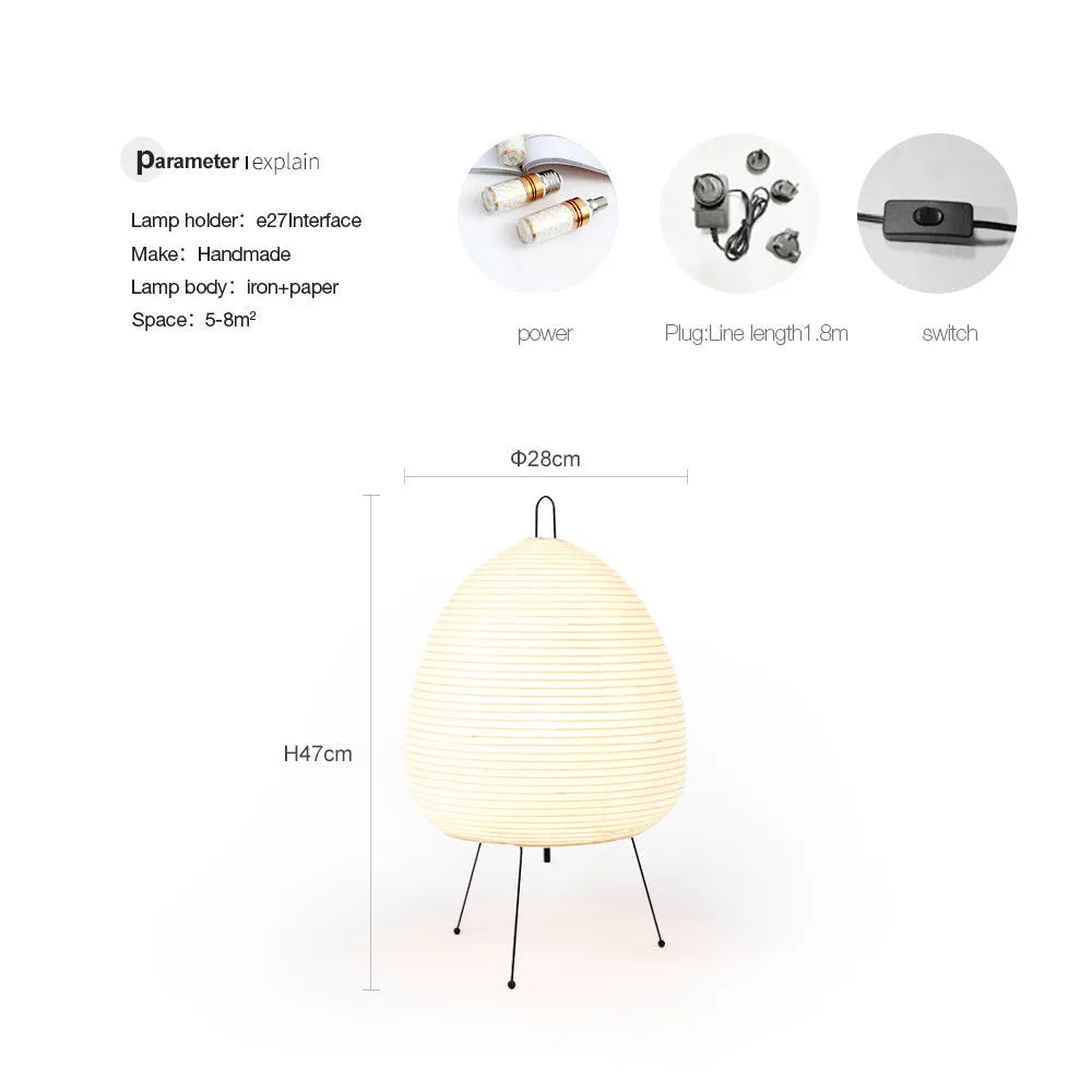 Japanese style rice paper table lamp with aluminium base and handmade shade showing three-tone dimming control