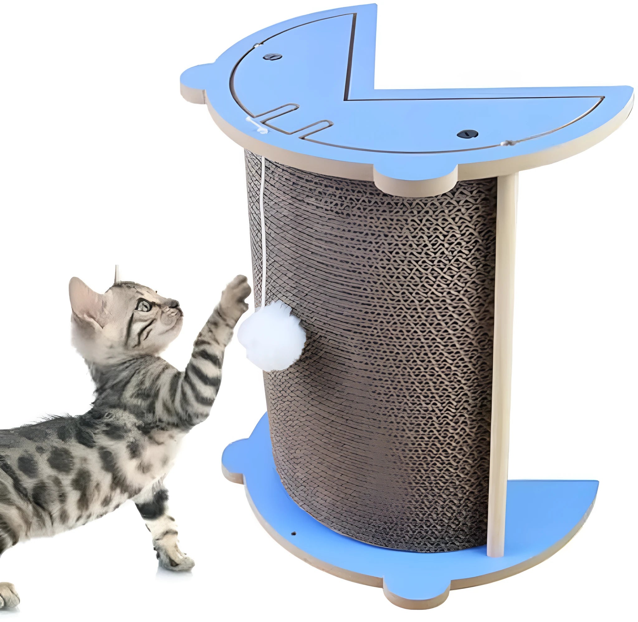 Cardboard corner scratching pad for cats on a wall with hanging ball and catnip.