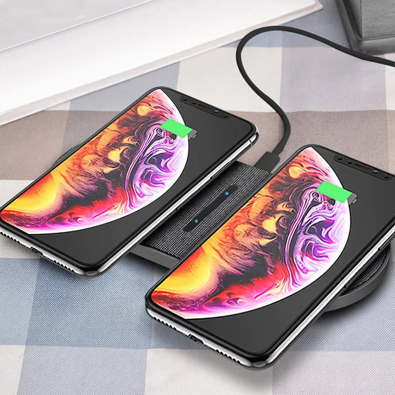 Two black wireless charging pads showing Type-C and USB ports with charging indicator lights