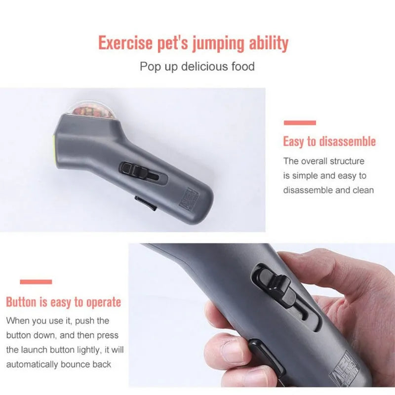 Grey plastic pet snack launcher toy with spring trigger mechanism for treat dispensing