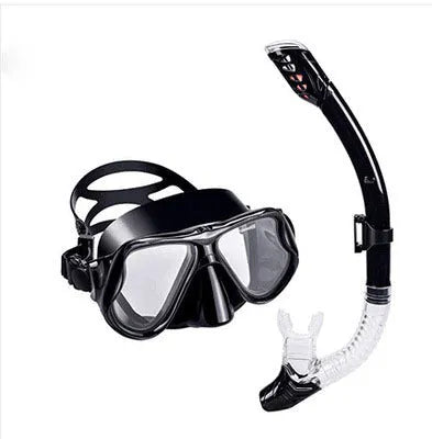 Black PC frame diving goggles with anti-fog glass lens, silicone strap, and mouthpiece.
