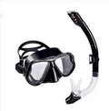Black PC frame diving goggles with anti-fog glass lens, silicone strap, and mouthpiece.