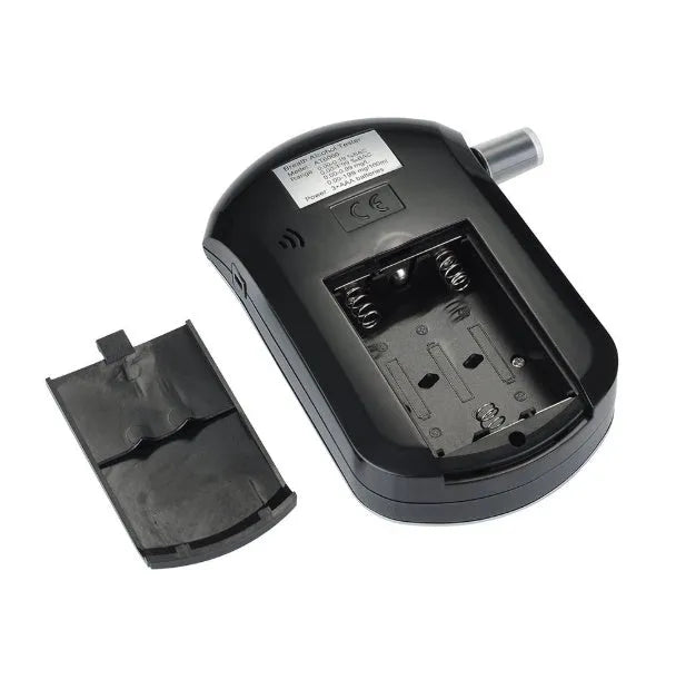 Black handheld portable alcohol breathalyser tester with digital screen and mouthpiece.