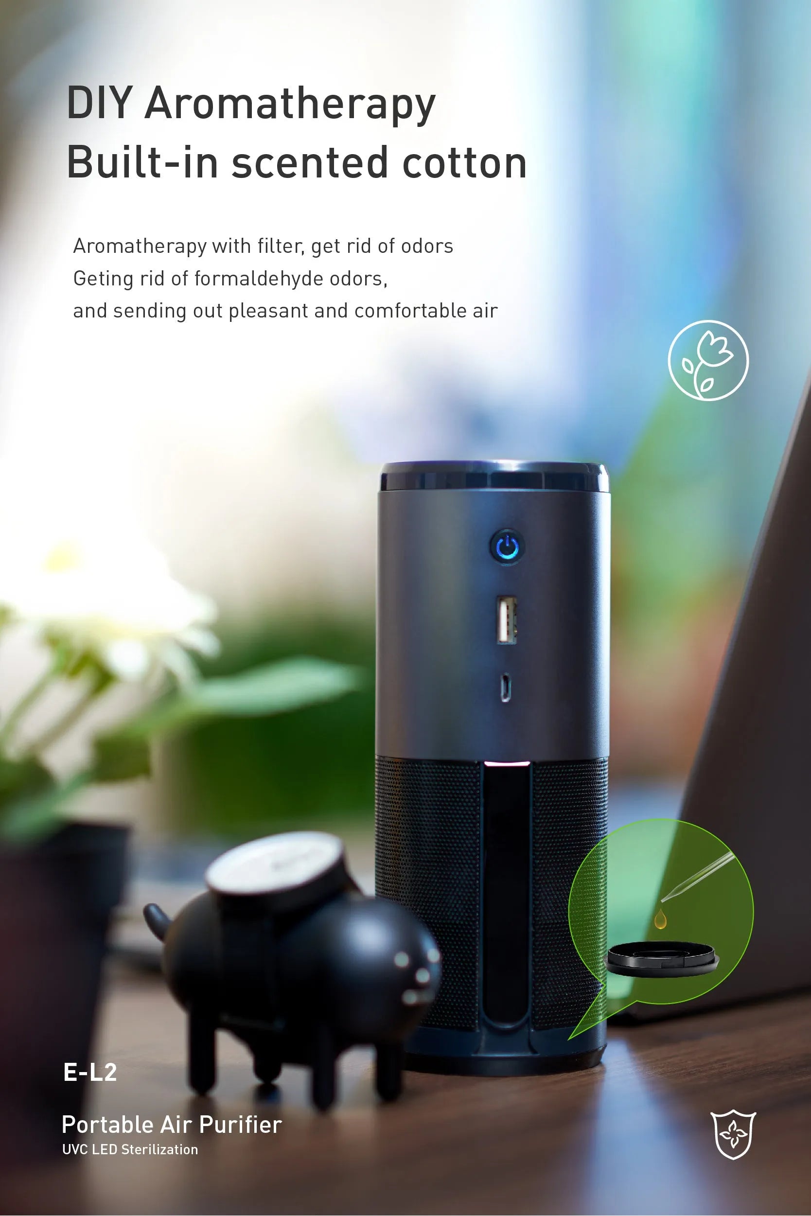Portable mini car air purifier in black or rosebox colour with USB charging cable