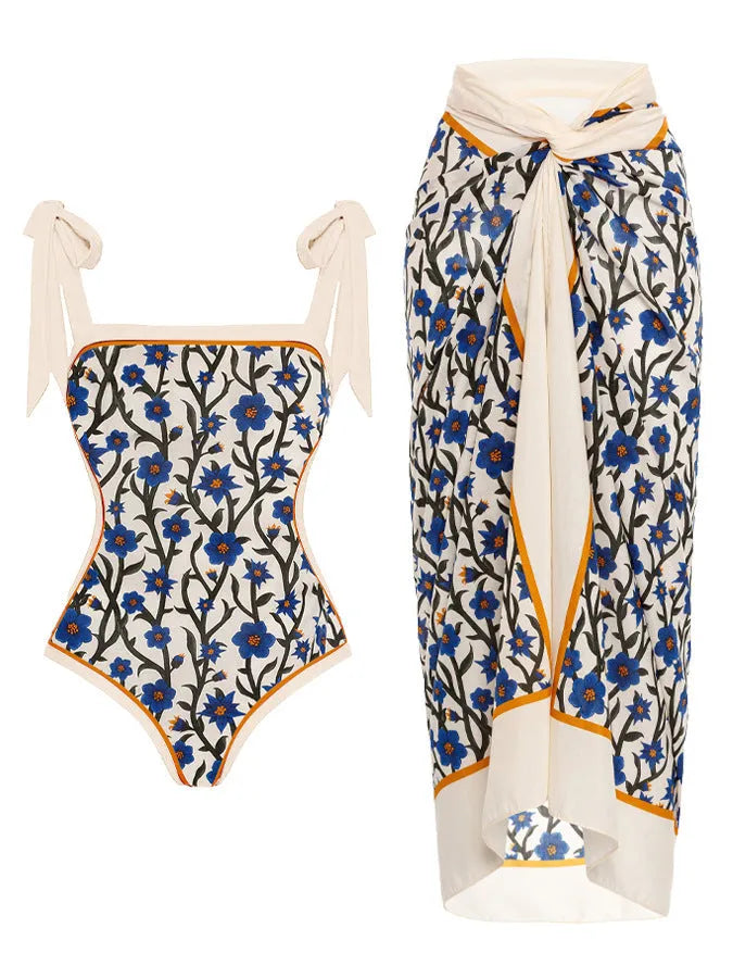 Women's printed floral swimsuit set with chiffon cover-up skirt