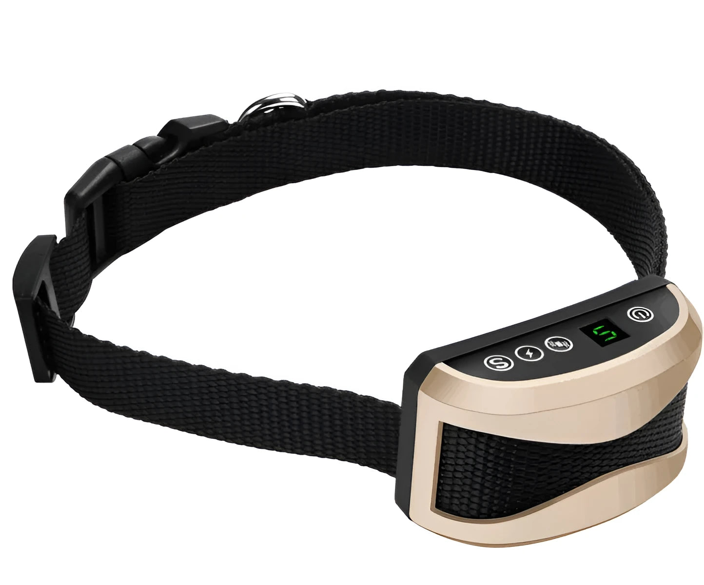 Electronic dog bark collar with digital display and adjustable black nylon strap.