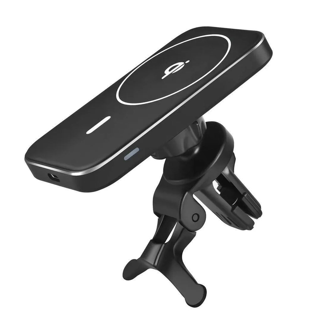 Black M6 magnetic wireless car charger mounted on a car air vent