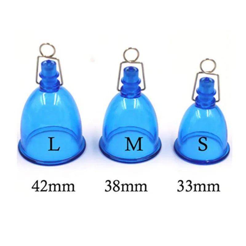 Blue silicone male masturbator stretch exerciser showing three size options S, M, L