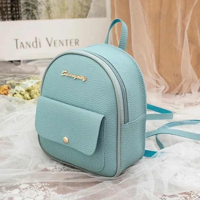 Women's black PU shoulder bag backpack compact letter purse with zipper closure