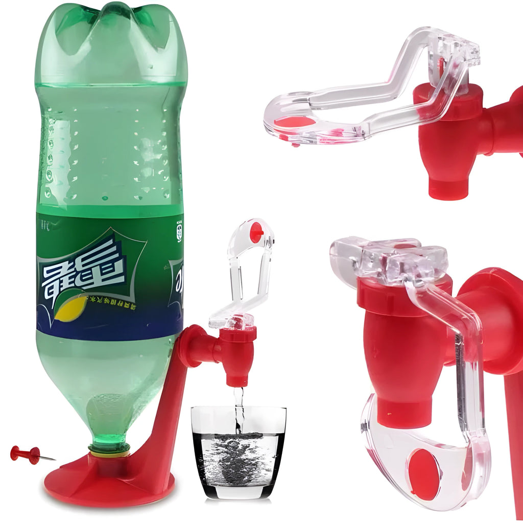 Red plastic Magic Tap soda dispenser attached to inverted 2 litre bottle